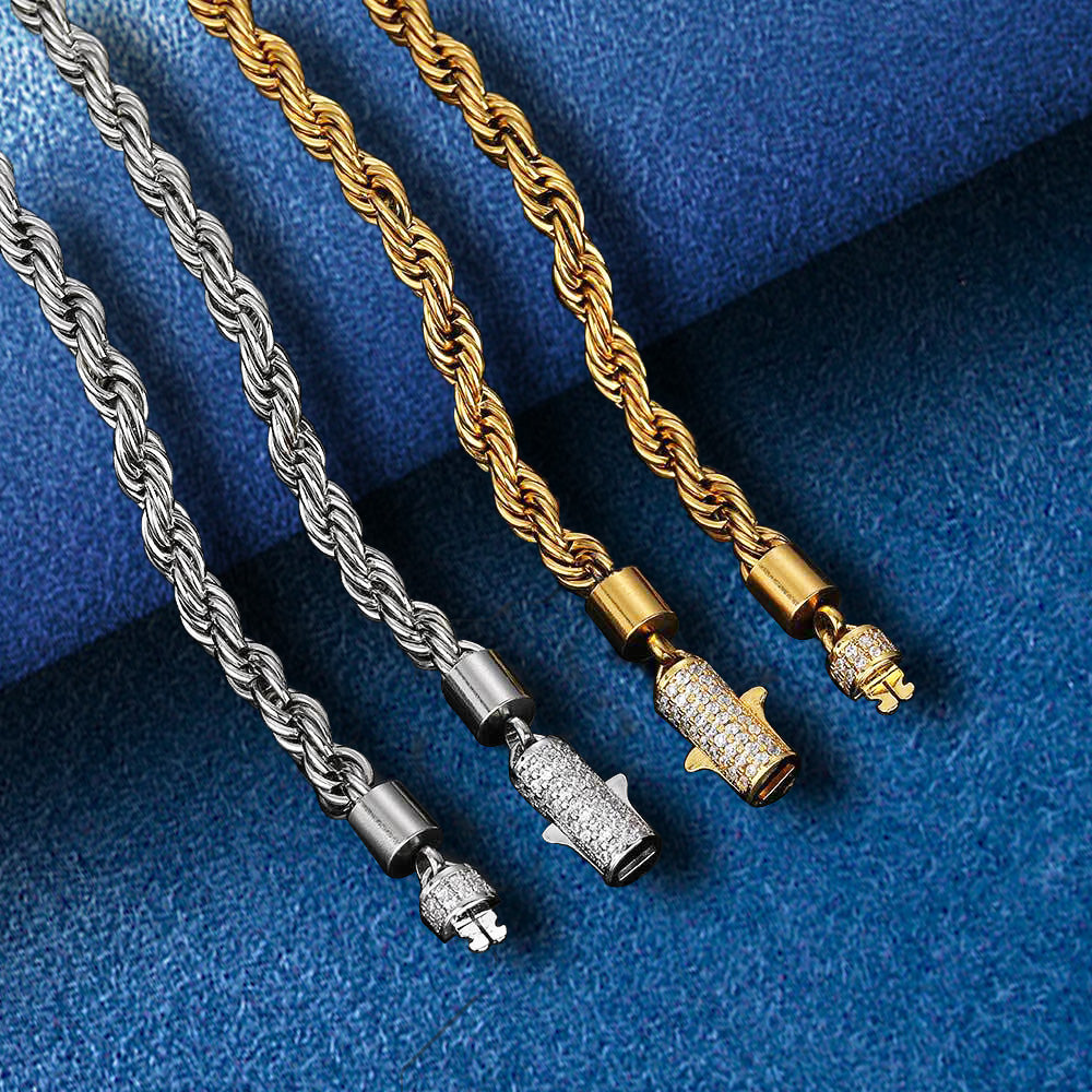 6mm Iced Out Clasp Stainless Steel 18K Gold Plated Twist Rope Chain