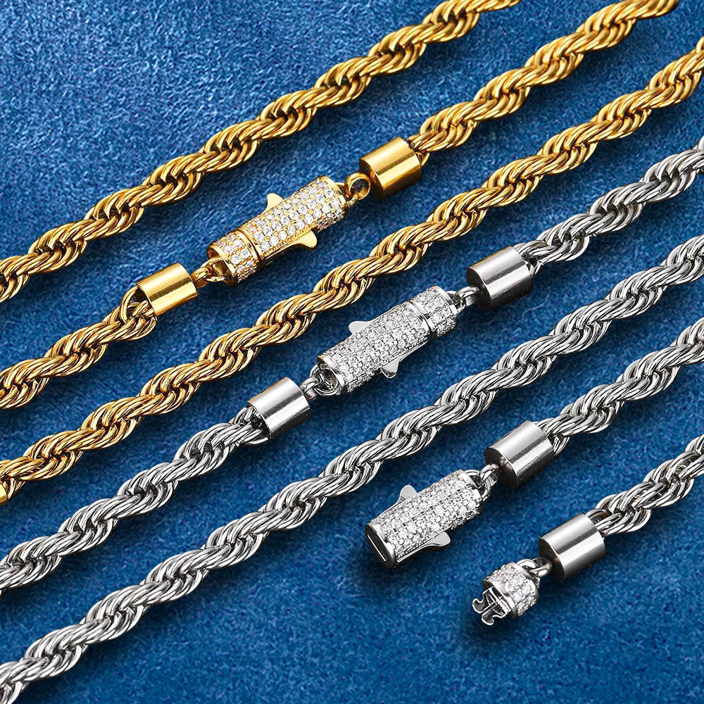 6mm Iced Out Clasp Stainless Steel 18K Gold Plated Twist Rope Chain