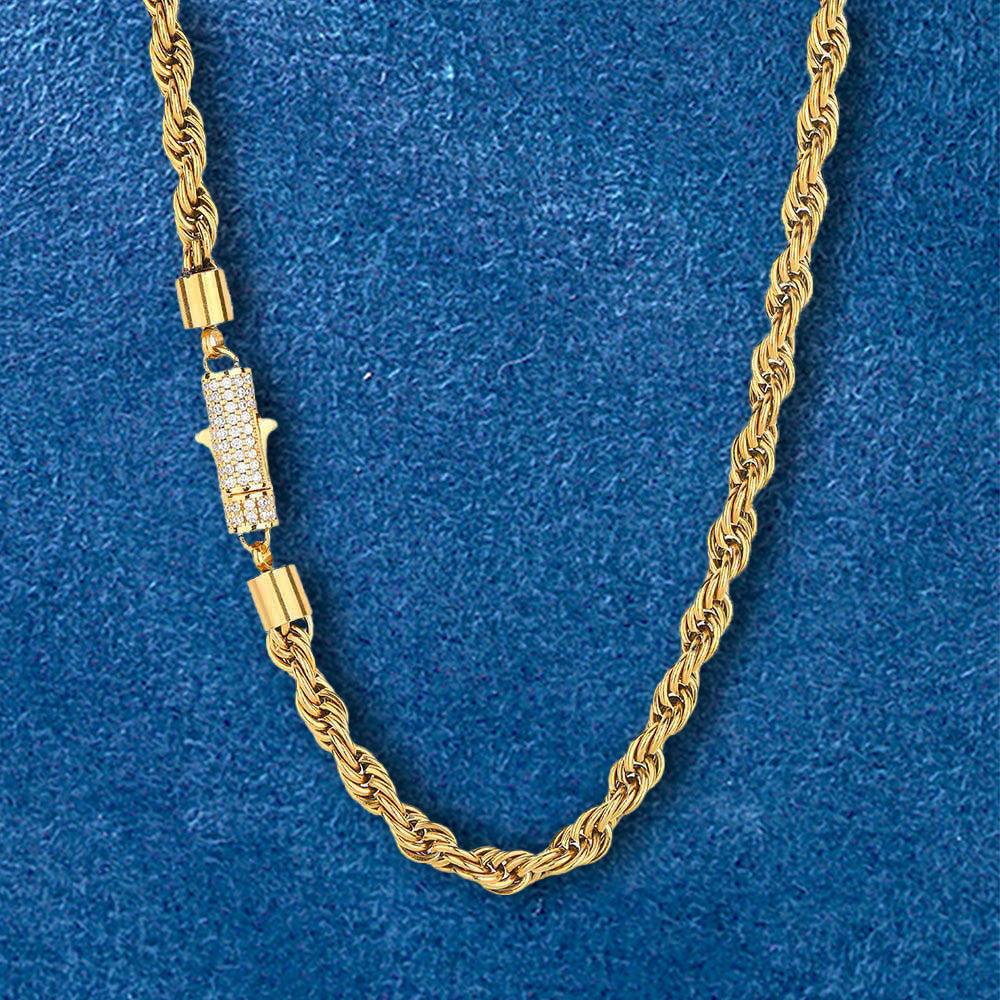 6mm Iced Out Clasp Stainless Steel 18K Gold Plated Twist Rope Chain