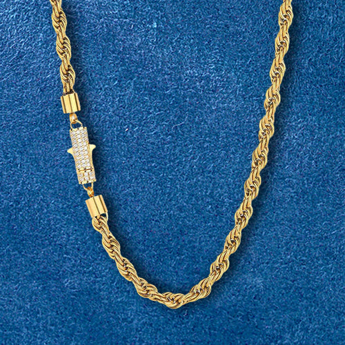 6mm Iced Out Clasp Stainless Steel 18K Gold Plated Twist Rope Chain