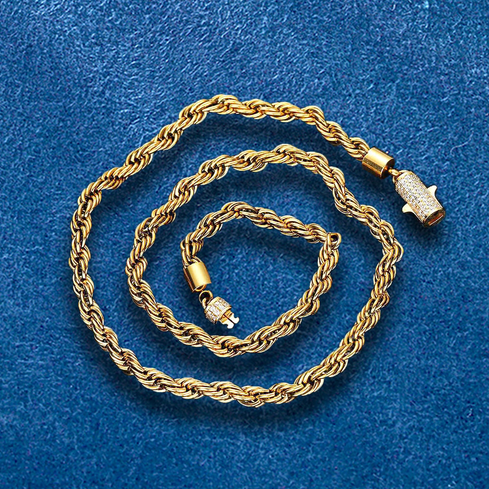 6mm Iced Out Clasp Stainless Steel 18K Gold Plated Twist Rope Chain