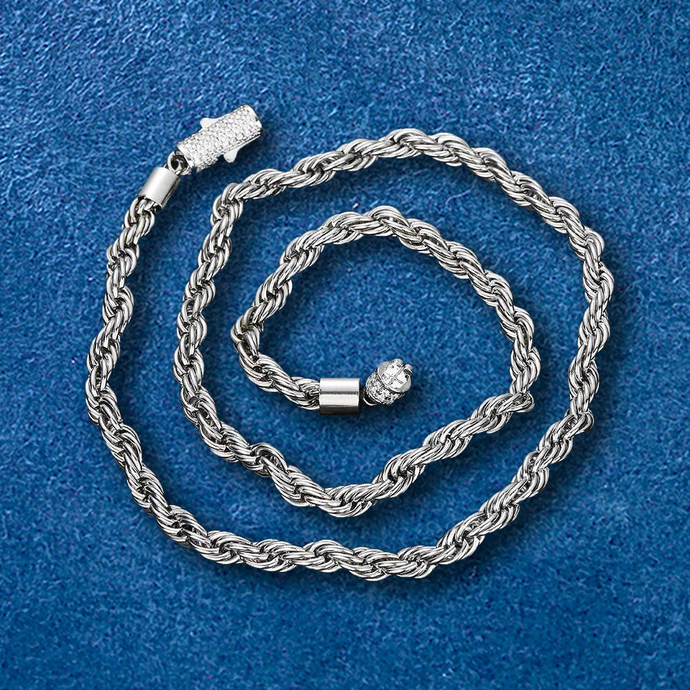 6mm Iced Out Clasp Stainless Steel 18K Gold Plated Twist Rope Chain